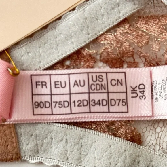 NWT AGENT PROVOCATEUR Lorelli Lace Silk Underwire Bra Rose Gold and Silver 34D - Picture 9 of 16
